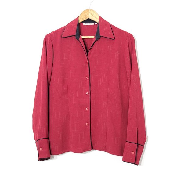 Miss Tee Vintage Red Hoilday Vibe Black Trim Button Front Plaid Collared Blouse - Picture 1 of 10